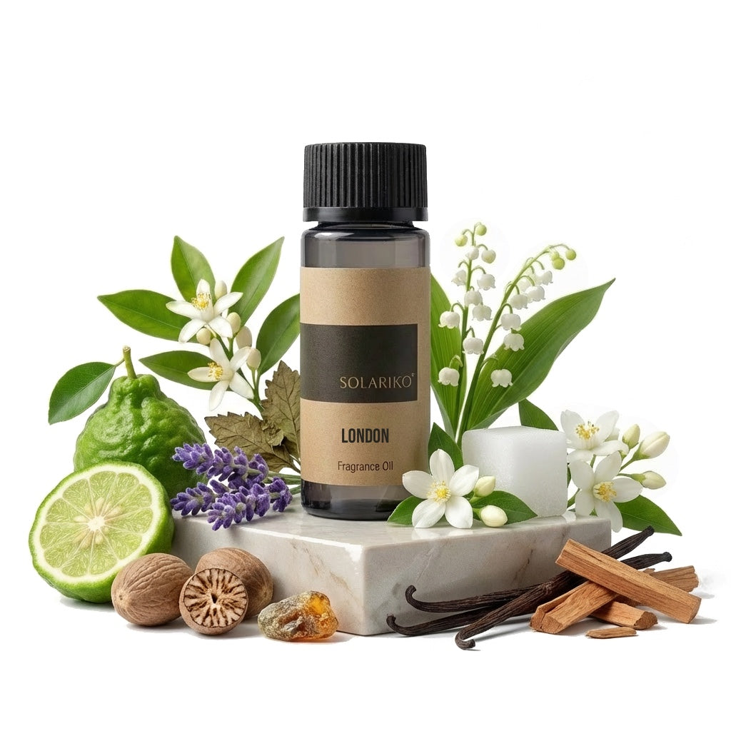 Fragrance Oil - London with citrus, floral, and herbal notes, featuring a dark bottle and natural ingredients.