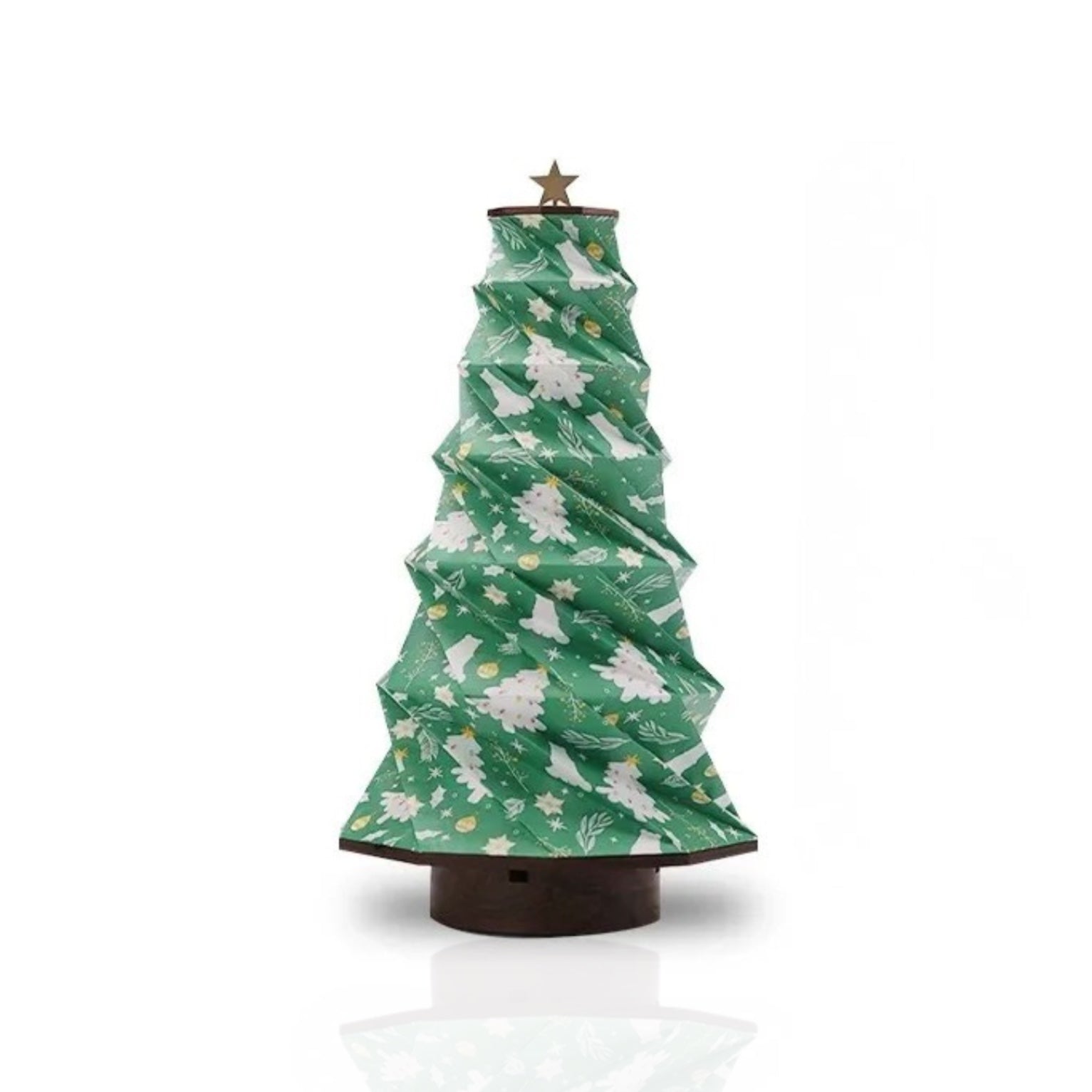 Foldable Tree Lamp in green, features 7 LED colors, cordless and rechargeable, perfect for festive table decor.